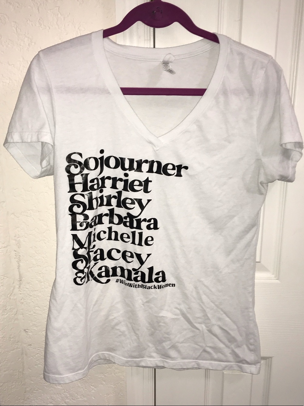 White V-neck Graphic Tee with Black Text